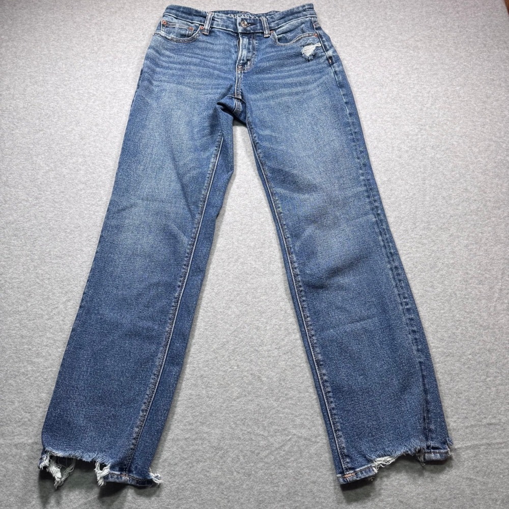 American Eagle Womens Size 0 Blue Distressed Straight Leg Jeans Raw Hem Stretch